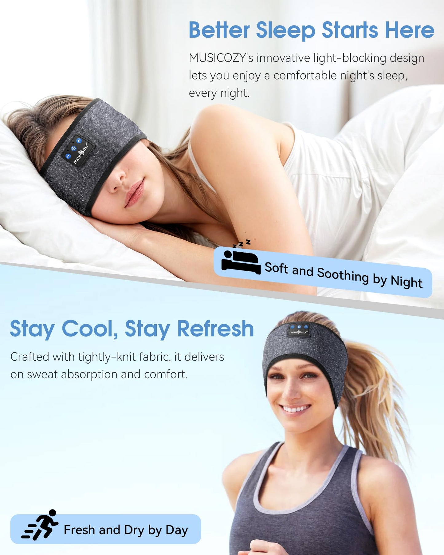 MUSICOZY Sleep Headphones Bluetooth 5.4 Headband Headphones, Wireless Earphones Music Sleep Earbuds for Side Sleepers Sleeping Eye Mask for Women Men…