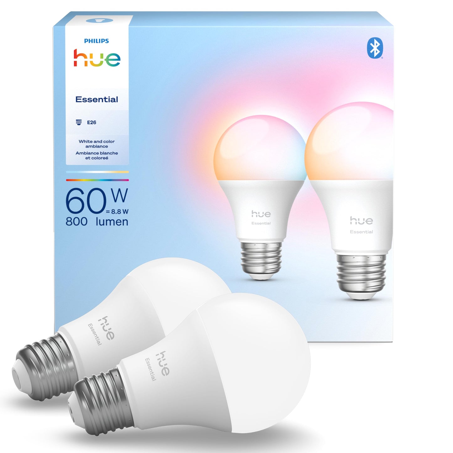 Philips Hue Essential Smart LED A19 Bulb, White and Color Ambiance, E26 Base, 8.8W, 2200K-6500K, 800 Lumens, Dimmable, Works with Alexa, Google,