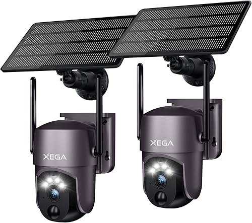 Xega 2 Pack Security Camera Wireless Outdoor 2K 360° PTZ Camera Solar Security Cameras 2.4G WiFi Video Surveillance w/Spotlight & Siren, Color Night