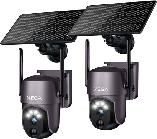 Xega 2 Pack Security Camera Wireless Outdoor 2K 360° PTZ Camera Solar Security Cameras 2.4G WiFi Video Surveillance w/Spotlight & Siren, Color Night