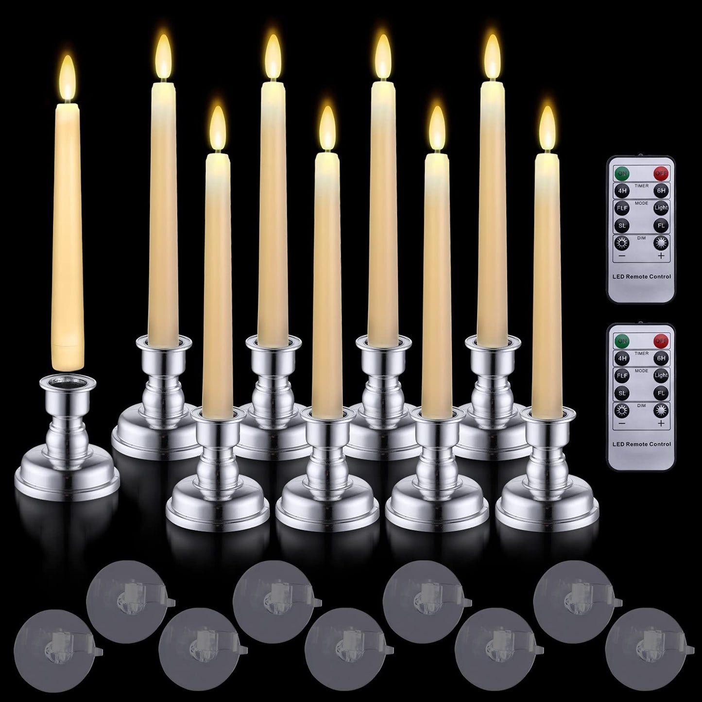 MIXALY 9PACK 8" LED 3D Wick Taper Candles with Remote Timer - Ivory Battery Operated Flameless Window Candles with Flickering Flame and Removable