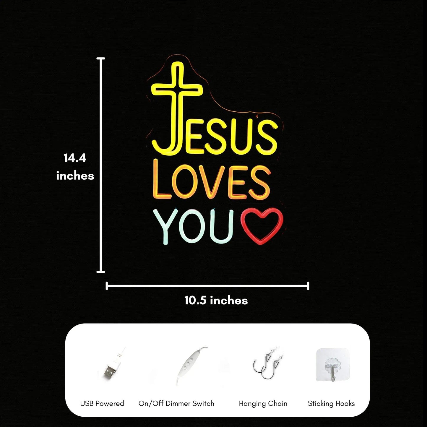 Jesus Loves You Neon Sign with Cross and Heart - LED Light Up Wall Decor for Home, Church, Wedding, Youth Room, Party Decorations