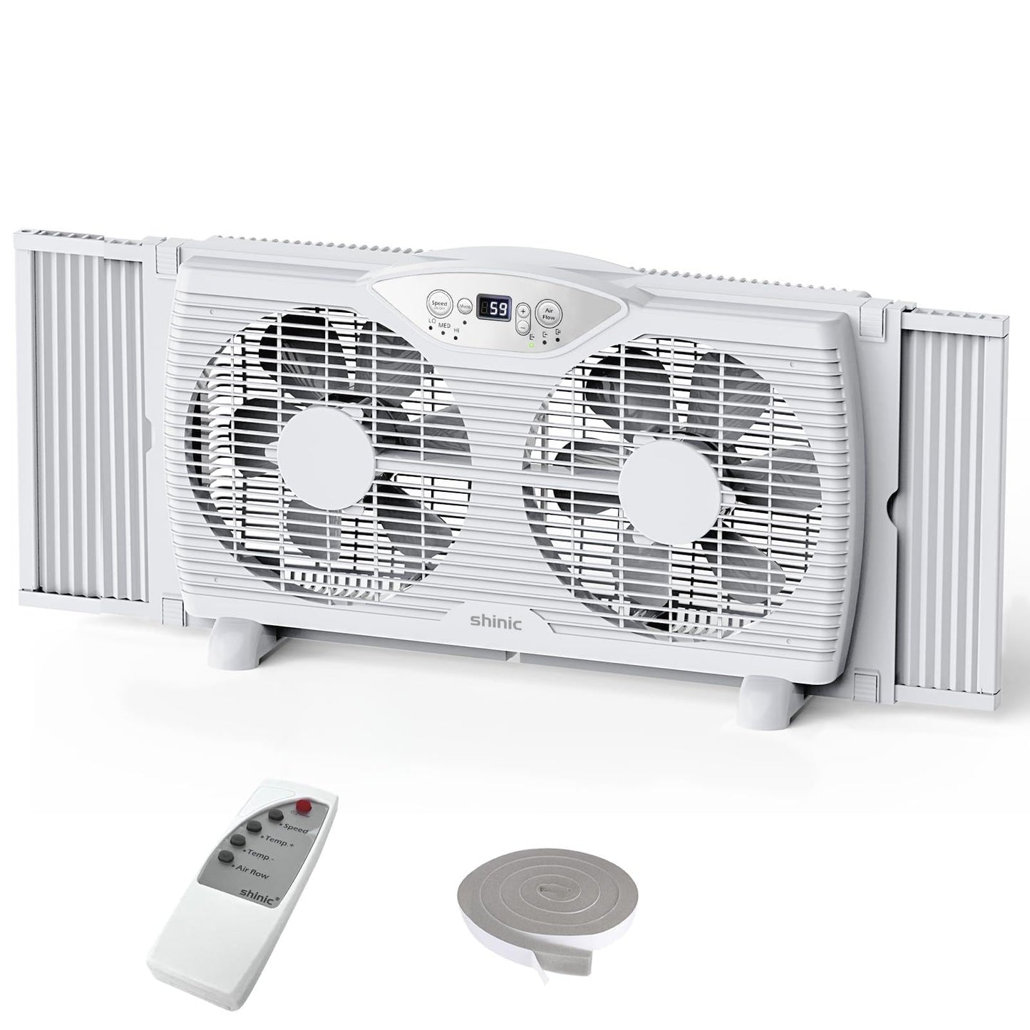 shinic Twin Window Fan, 9-Inch Blades Reversible Airflow, Thermostat Control, 3 Speeds, 3 Functions, 23.8"-37" Expandable Width, Window Exchaust Fans
