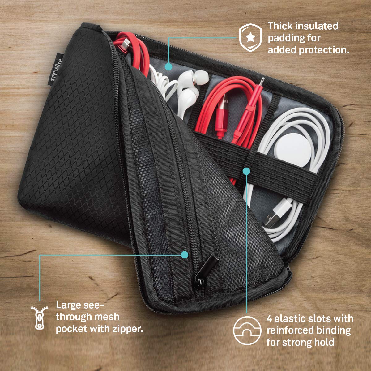 UT Wire Pocket Travel Lightweight Organizer Case with Zipper for Charger, Cable, Power Bank, Flash Memory Accessories Holder in Black 1-Pack