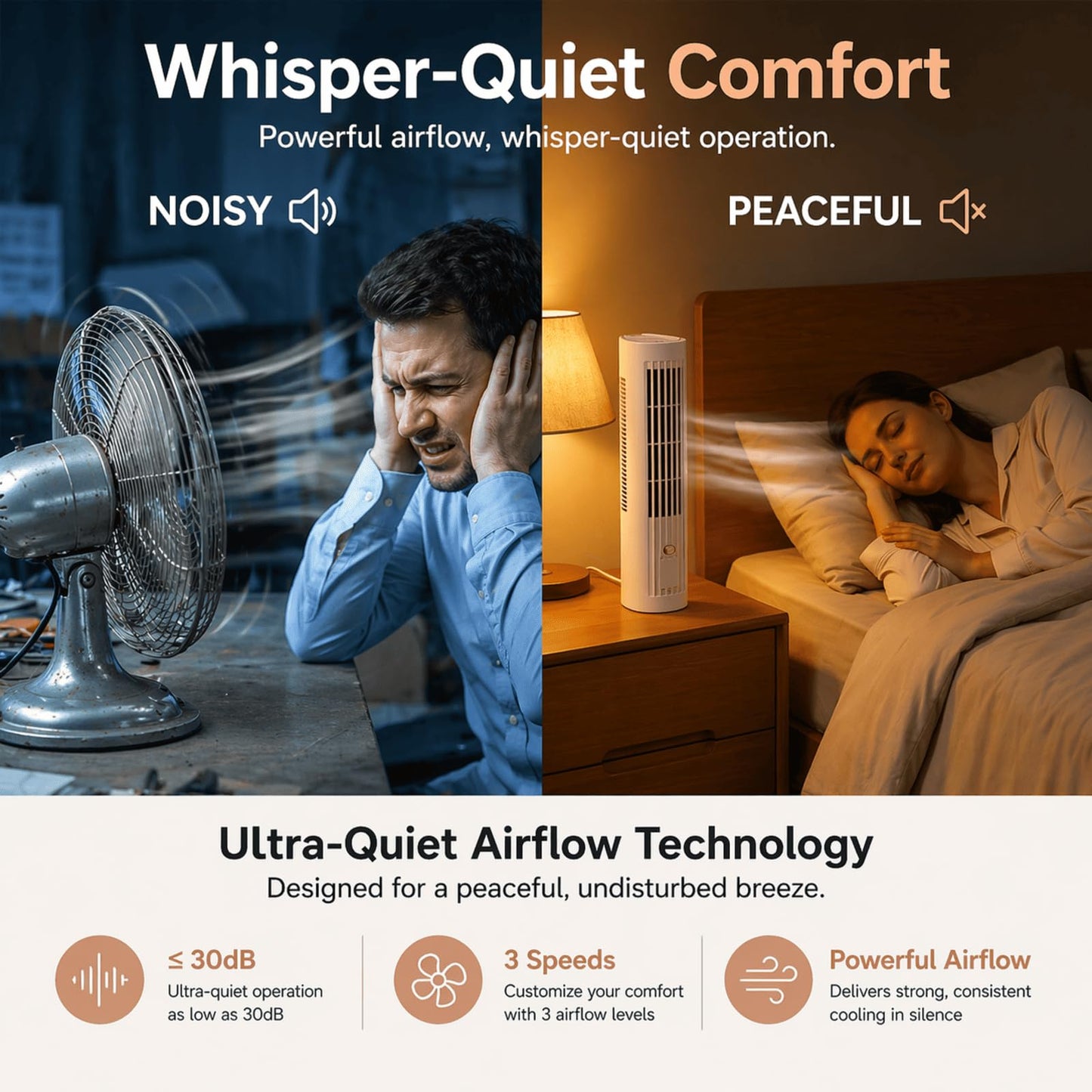 ZUSEOIA Portable Tower Fan, Quiet Bladeless Desk Fan with 3 Speeds, Rechargeable Mini Cooling Fan for Bedroom, Office & Travel, Vertical & Horizontal