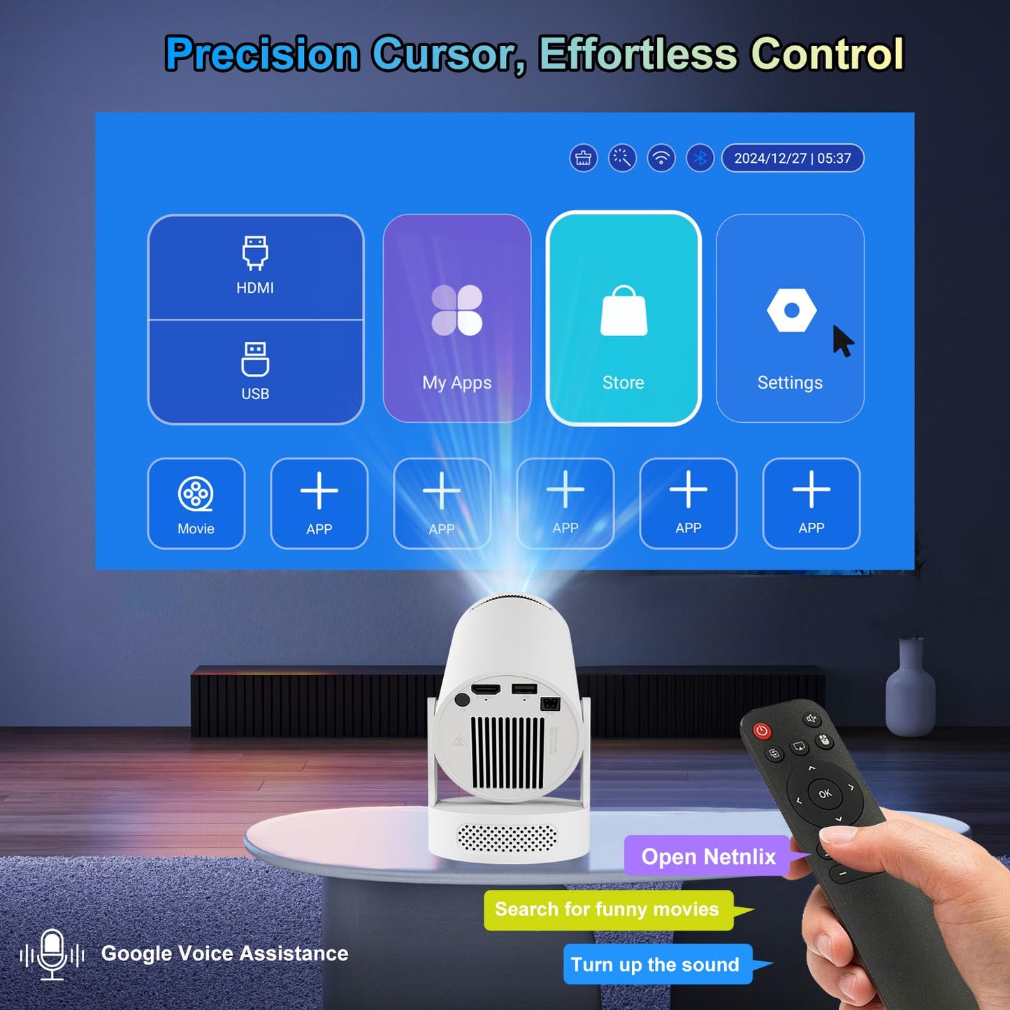 Mini Projector 4K support with Dual-Band WIFI6 5G Wireless 5.4 Bluetooth Android 11, Soundbase Speaker, Auto Vertical Keystone 180°Rotatable Portable