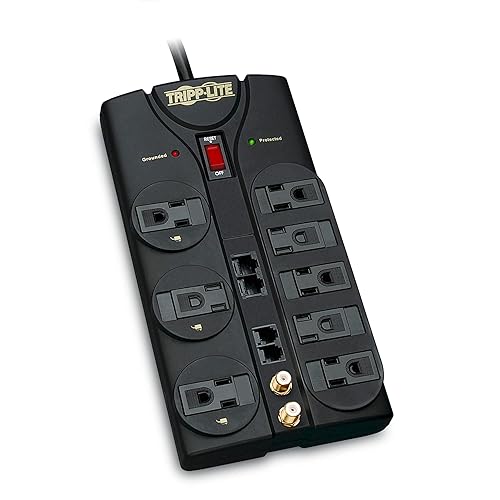 Tripp Lite 8 Outlet Surge Protector Power Strip, 10ft Cord, Right-Angle Plug, Tel/Modem/Coax/Ethernet Protection, RJ11, RJ45, & $250,000 INSURANCE