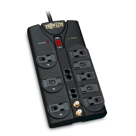 Tripp Lite 8 Outlet Surge Protector Power Strip, 10ft Cord, Right-Angle Plug, Tel/Modem/Coax/Ethernet Protection, RJ11, RJ45, & $250,000 INSURANCE