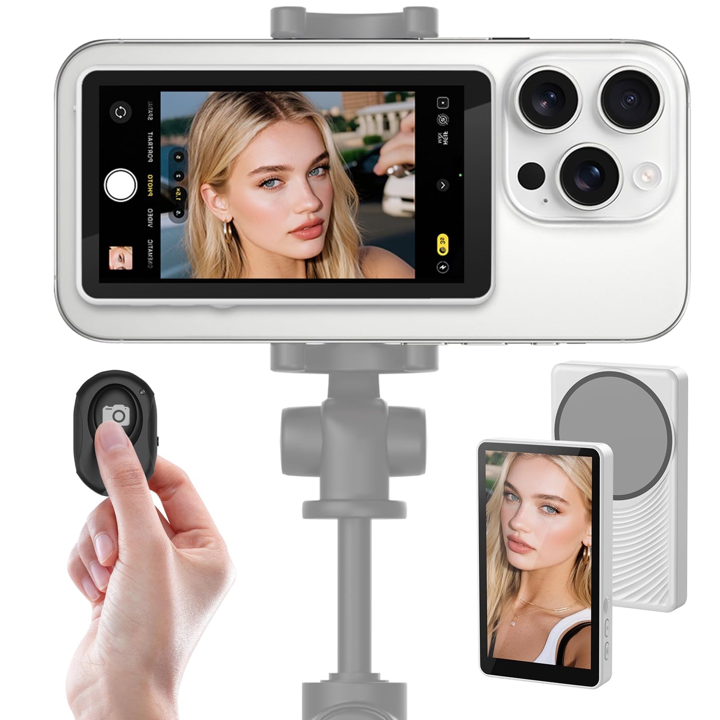 Henrety Wireless Vlog Selfie Monitor Screen for iPhone & Android, Bluetooth Remote, 180° Flip, Magnetic Stand, Wide Screen Mode, 1800mAh Battery, Rear