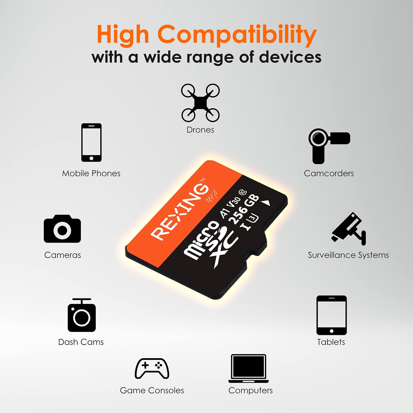 RexingUSA 256GB microSDXC UHS-3 4K Full HD Video High Speed Transfer Monitoring SD Card with Adapter for Dash Cams, Surveillance System, Security