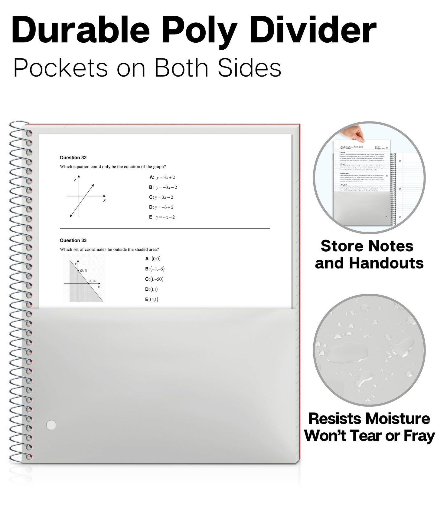 Dunwell College Ruled Spiral Notebook, (3-Pack, Red, Blue, Black) 1 Subject Notebook 8.5 x 11, Plastic Covers, Poly Pocket Dividers, 100 Sheets (200