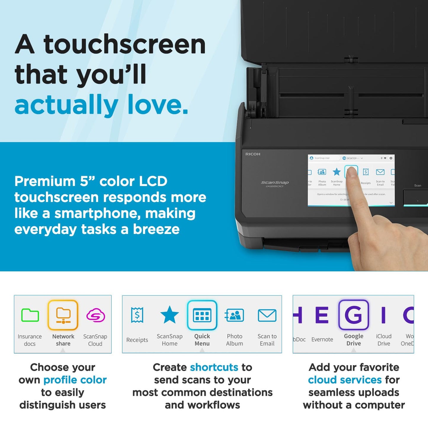 ScanSnap iX2500 Wireless or USB High-Speed Cloud Enabled Document, Photo & Receipt Scanner with Large 5" Touchscreen and 100 Page Auto Document Feeder