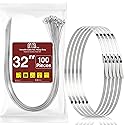 32inch Stainless Steel Zip Ties 100 Pack Metal Cable Ties Heavy Duty Self-locking Wire Ties High Temp Zipties Chain Link fence Ties Multi Purpose