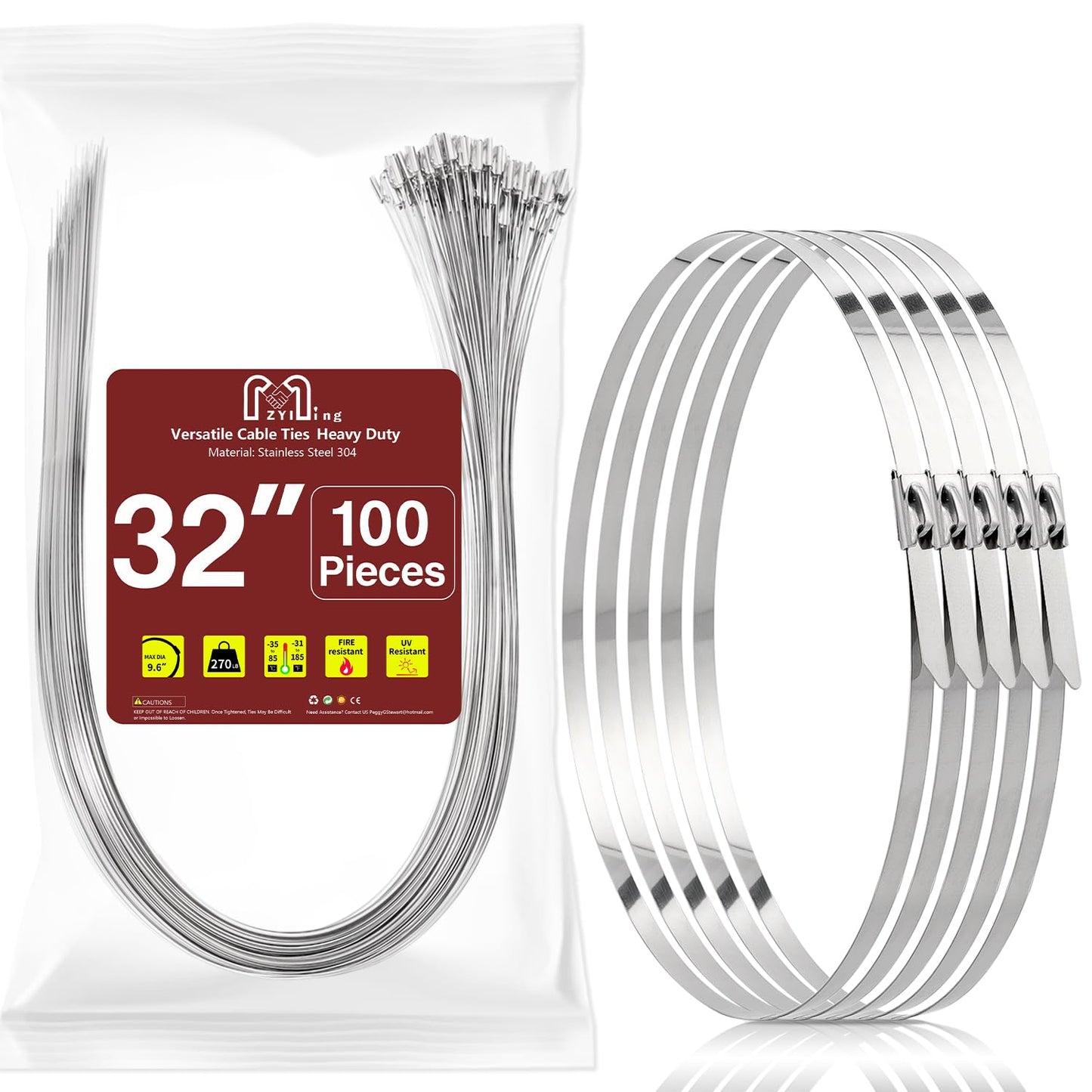 32inch Stainless Steel Zip Ties 100 Pack Metal Cable Ties Heavy Duty Self-locking Wire Ties High Temp Zipties Chain Link fence Ties Multi Purpose