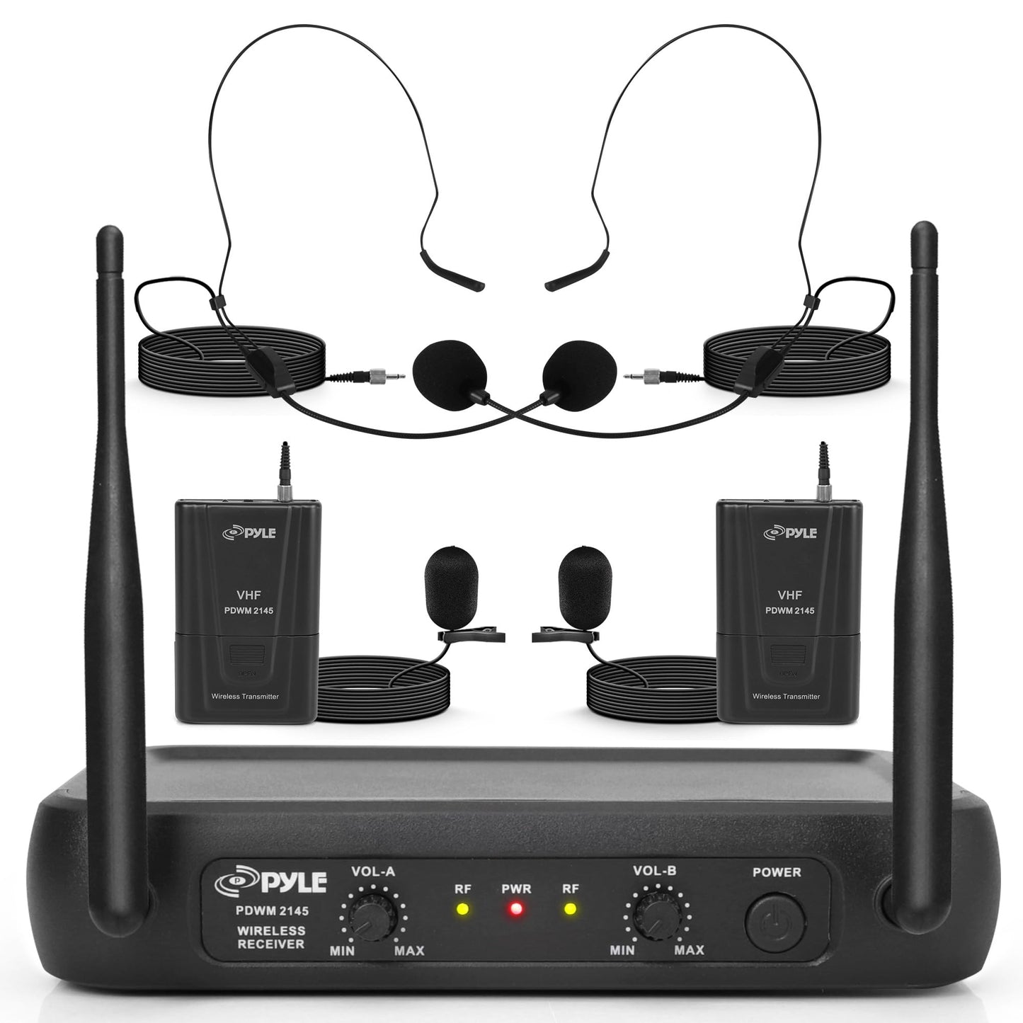 Pyle Dual Channel Wireless Microphone System - VHF Fixed Dual Frequency Wireless Mic Receiver Set with 2 Lavalier, 2 Headset Mics, 2 Transmitter