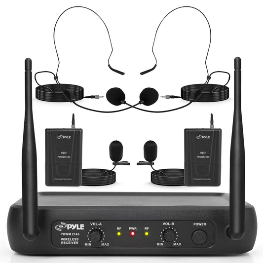 Pyle Dual Channel Wireless Microphone System - VHF Fixed Dual Frequency Wireless Mic Receiver Set with 2 Lavalier, 2 Headset Mics, 2 Transmitter
