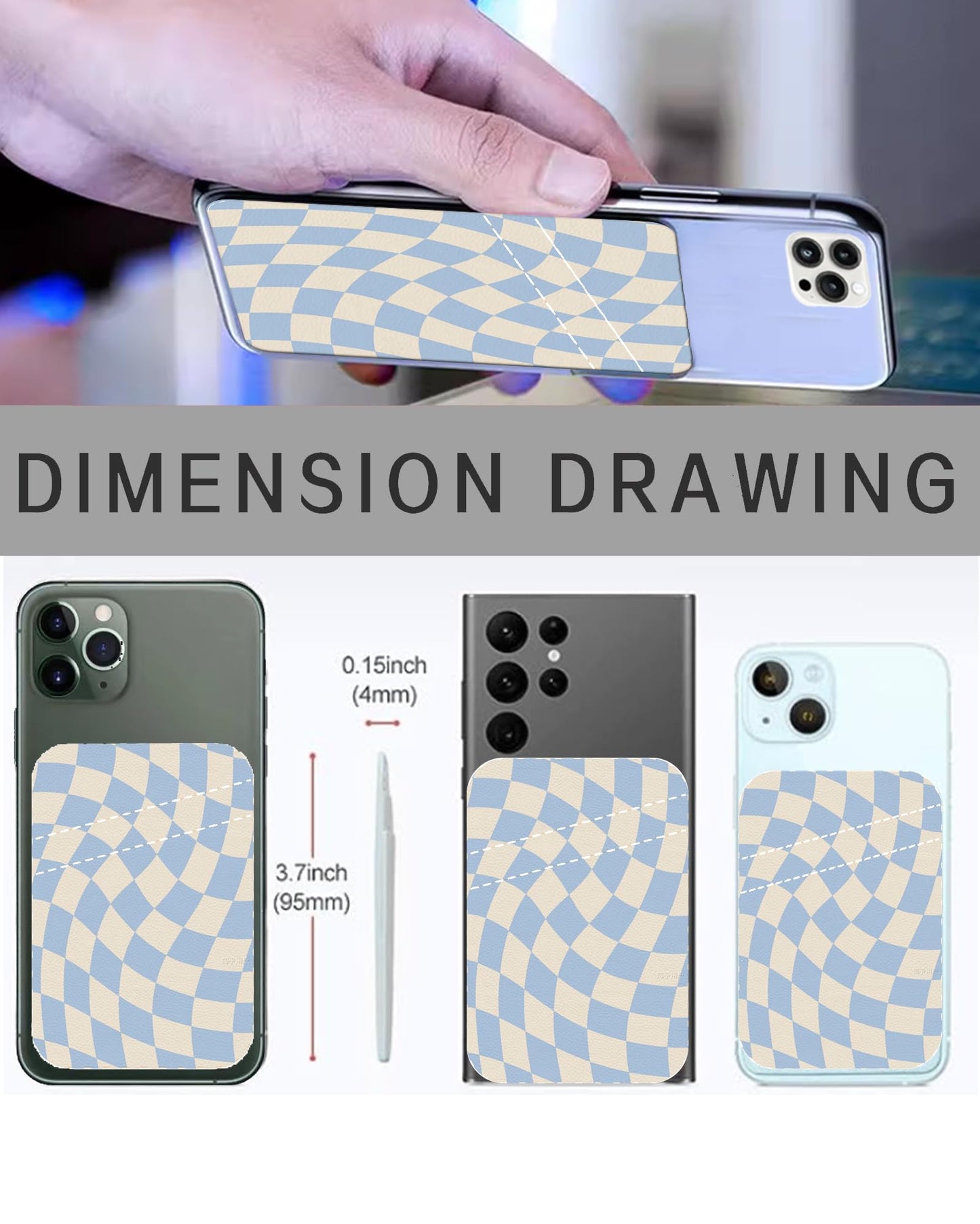AWHSCP Leather Phone Wallet, Dual Pocket Credit Card Sticky Wallet, Compatible Cell Phones, Cute Twisted Blue Checkerboard