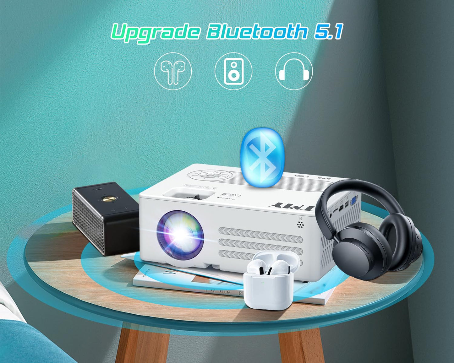 TMY Projector with WiFi and Bluetooth?80" screen included?Native 1080P Outdoor Projector, 4K Supported Portable Projector, Compatible