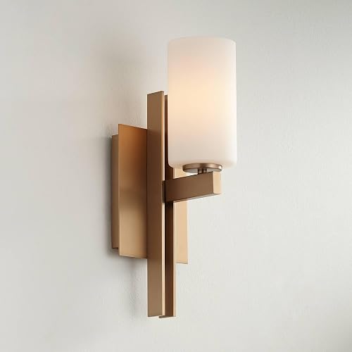 Possini Euro Design Ludlow Modern Wall Sconce Lighting Burnished Brass Metal Hardwired 14" High Fixture Frosted White Glass for Bedroom Bathroom