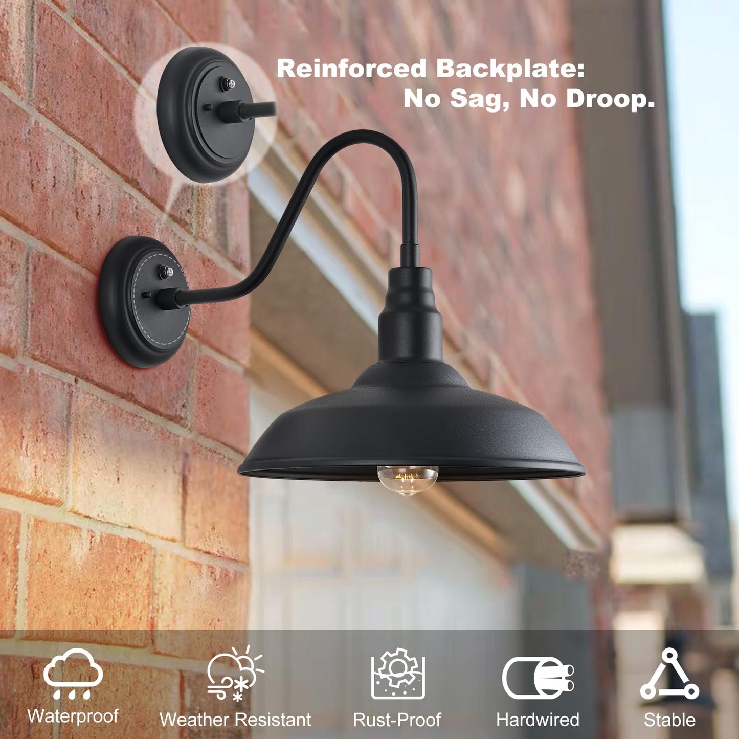 GOALPLUS 14in Large Dome Gooseneck Barn Light Outdoor, Dusk to Dawn Outdoor Barn Lights, Matte Black Farmhouse Exterior Light Fixture, Goose Neck Wall