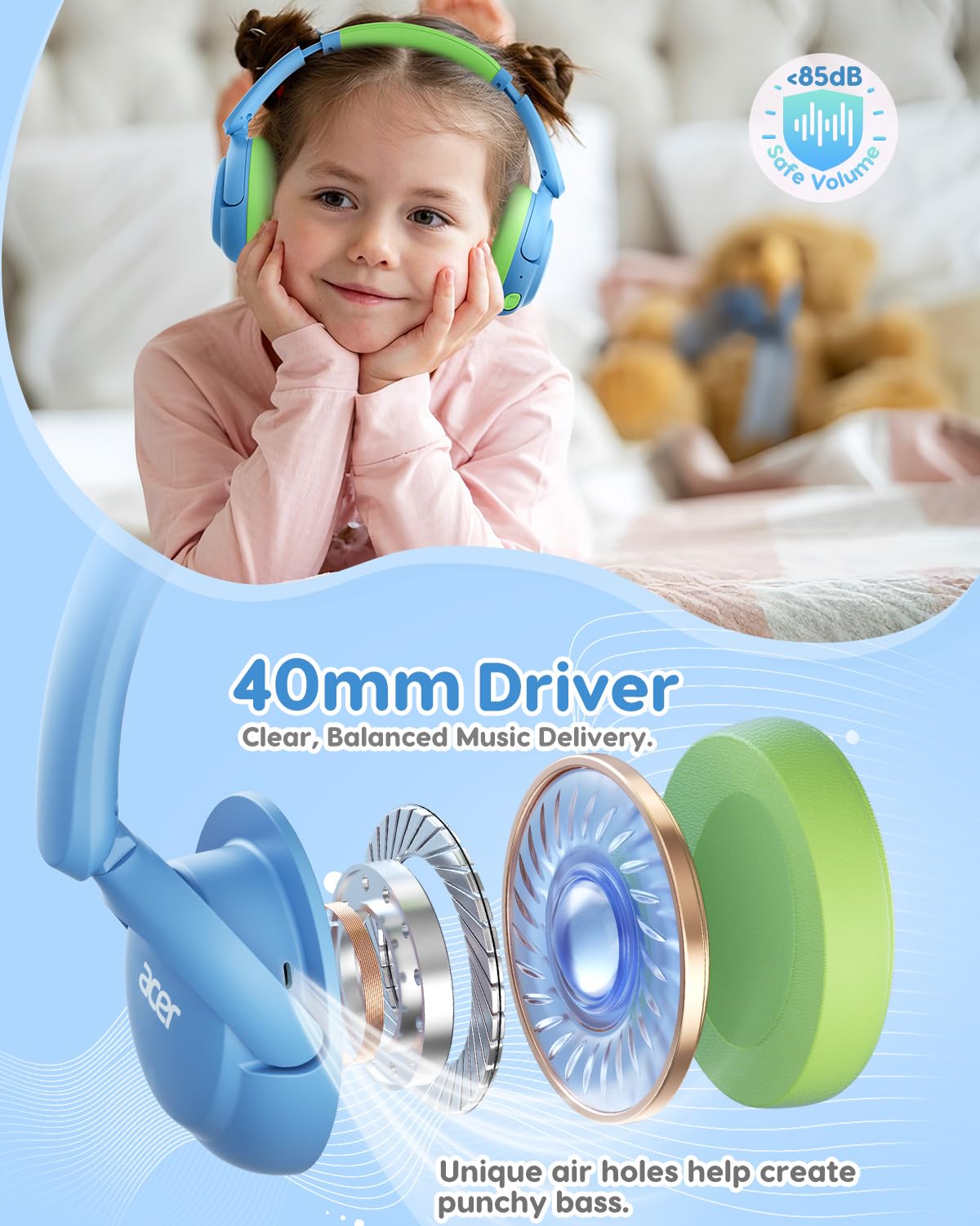 acer Kids Bluetooth Headphones, 85dB Volume Limiter, Foldable Wireless Over-Ear Headphones for iPad, Travel, 75H Playtime, Bluetooth 5.4, Built-in