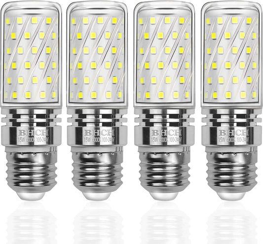 BHCH E26 LED Corn Bulbs 15W, 6000K Daylight White, 1500LM, Edison Screw Base, 120W Incandescent Equivalent, Pack of 4