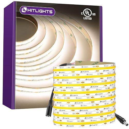 HitLights White COB LED Strip Lights 4000K, 12V Tape Light 16.4ft, 2640 LEDs, 426 lm/ft, CRI 90+, IP30, Premium High Density Lighting for Kitchen