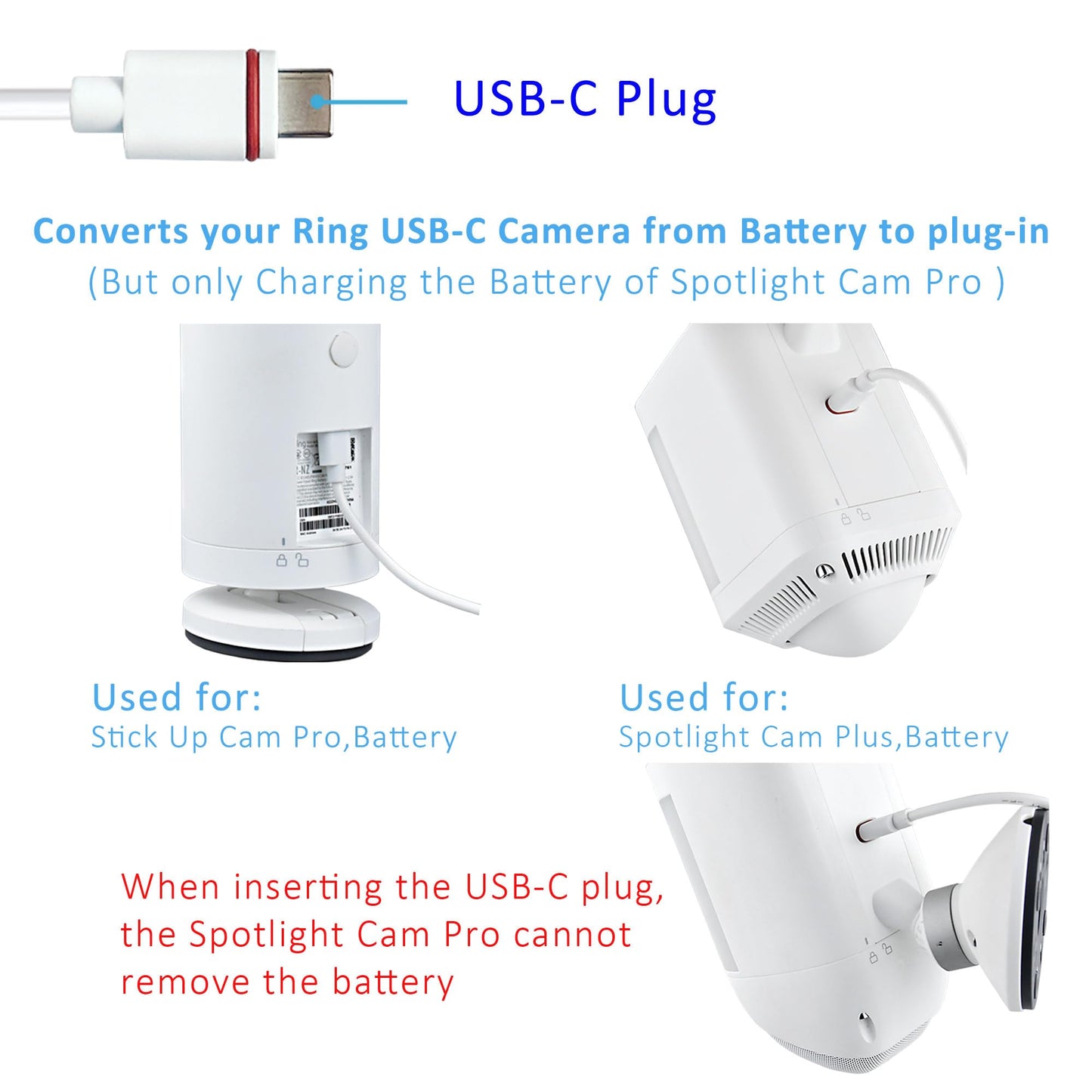 KAROTTO 10Ft USB-C Power Cord with Adapter Compatible with Ring Pan-Tilt Mount/Ourdoor Cam Plus/Stick Up Cam Battery Pro/3rd Gen/2nd Gen/Plug-in