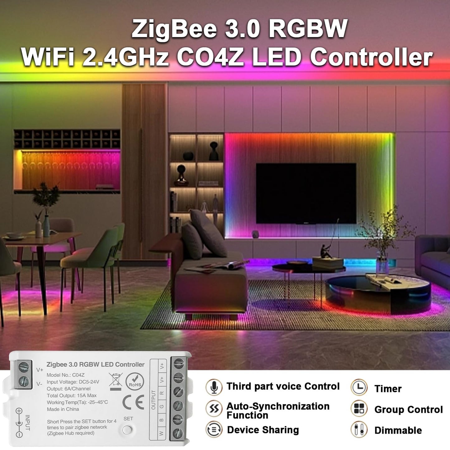 TUNICHX ZigBee 3.0 LED Controller C04Z RGBW LED Strip Bulb Dimmer Compatible with Echo Plus Home-kit Zigbee Hub Bridge Required DC5-24V for LED Strip
