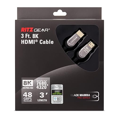 8K HDMI 2.1 Cable 3 ft. by RitzGear. 48 Gbps Ultra High Speed Braided Nylon Cord & Gold Connectors - 10K/8K@60Hz UHD Video/4K@120Hz/4K@60Hz/2K/1080P.
