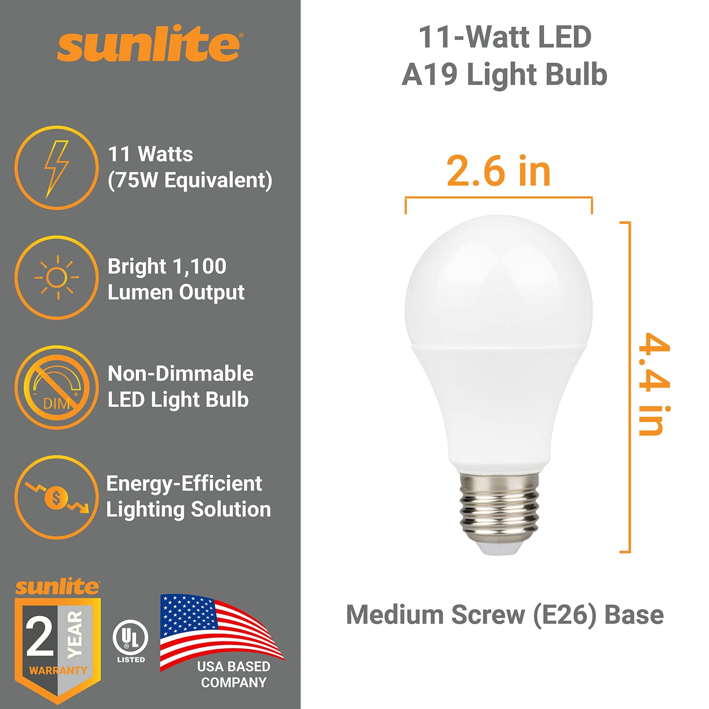 Sunlite 41804-SU LED A19 Light Bulb, Non-Dimmable 11 Watt (75W Equivalent), 1100 Lumens, Medium (E26) Base, UL Listed, 2700K Warm White, 12 Count