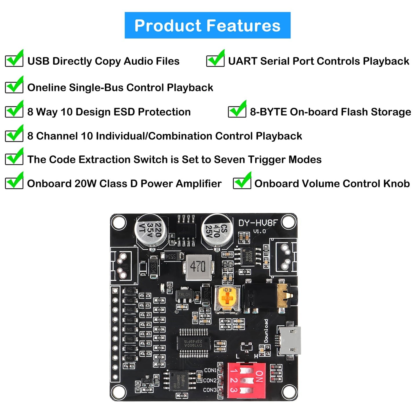 AITIAO 2PCS Voice Playback Module Board MP3 Music Player 20W 12V 24V High Power Sound Board UART I/O Trigger Amplifier Class D 64Mbit Flash Storage