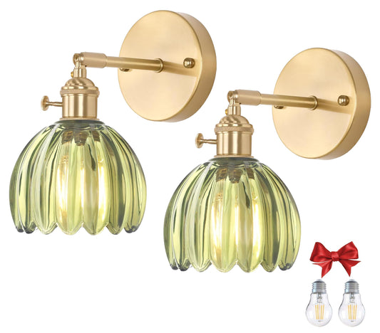 Fiabtool 2 Pack Vintage Wall Sconces, Green Tulip Glass Shade Wall Lamp with 2 Natural Light Bulbs, Hardwired Design with Rotary Switch, Decorative
