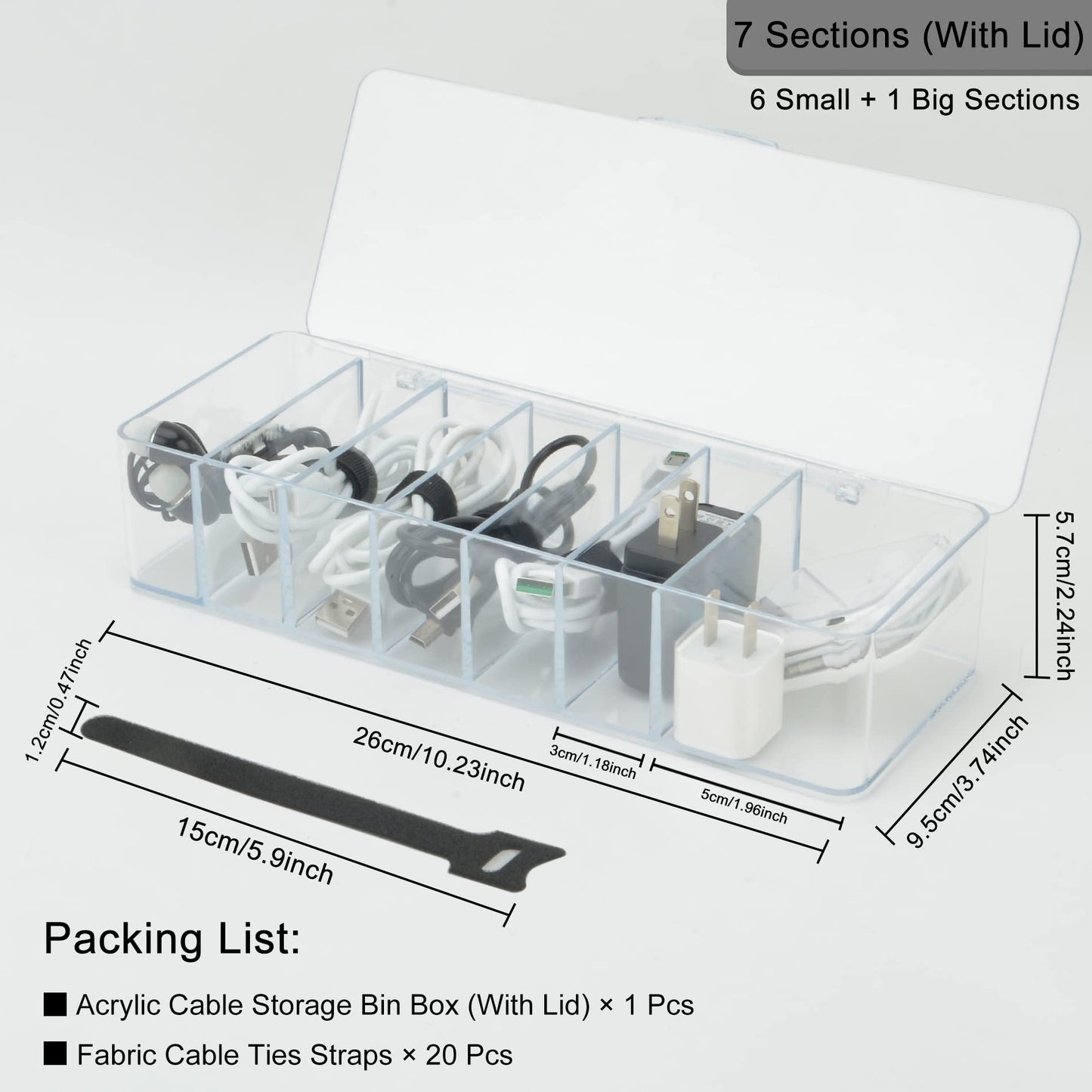 Electronics Organizer 7 Sections Clear Acrylic Cable Storage Bin Box Cord Holder with 20 PCS Reusable Fastening Fabric Cable Ties Straps Cord Wraps (7
