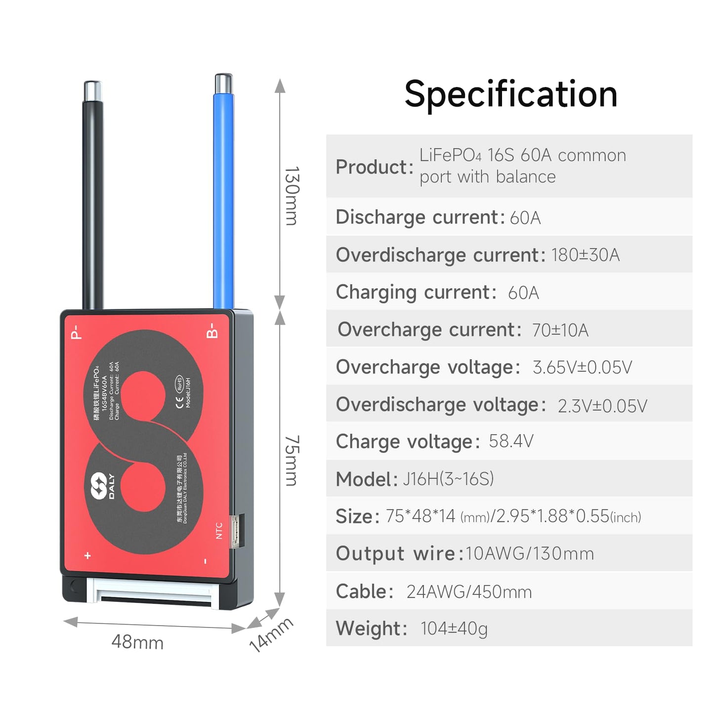 DALY 48V 16S BMS 60A Protection Board with Balance Wire and Temperature Sensor for Lithium Battery Pack