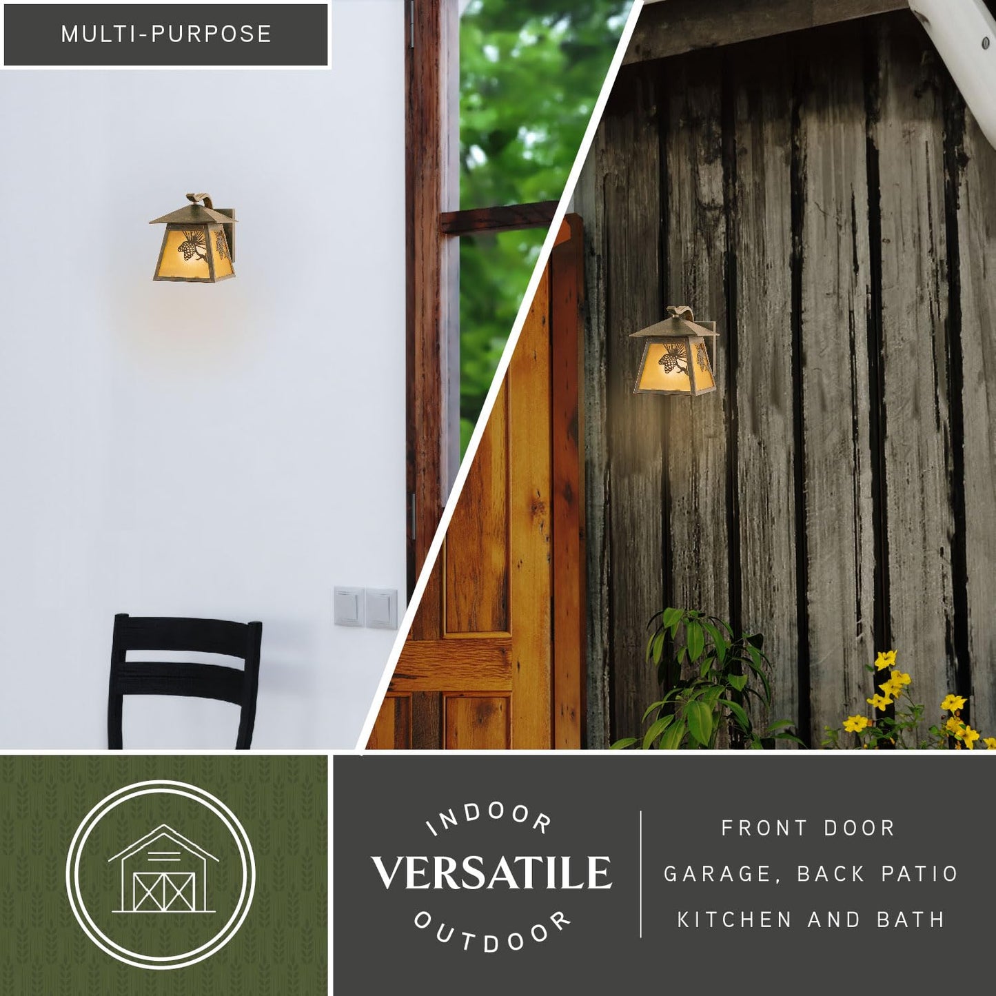 VAXCEL Whitebark 8 in. H 1-Light Olde World Patina Rustic Pine Cone Outdoor Wall Sconce Made of Durable Steel, Scavo Glass Shade, LED Compatible, Use