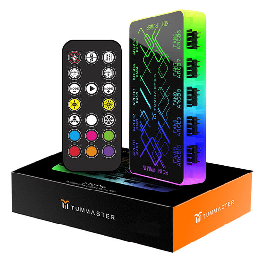 TUMMASTER ARGB Fan HUB, 9/10 Port 4 Pin PC Fan Controller, 5V-3Pin LED Hub, Magnetic Suction, SATA Power Input,RF Remote & Chassis Key
