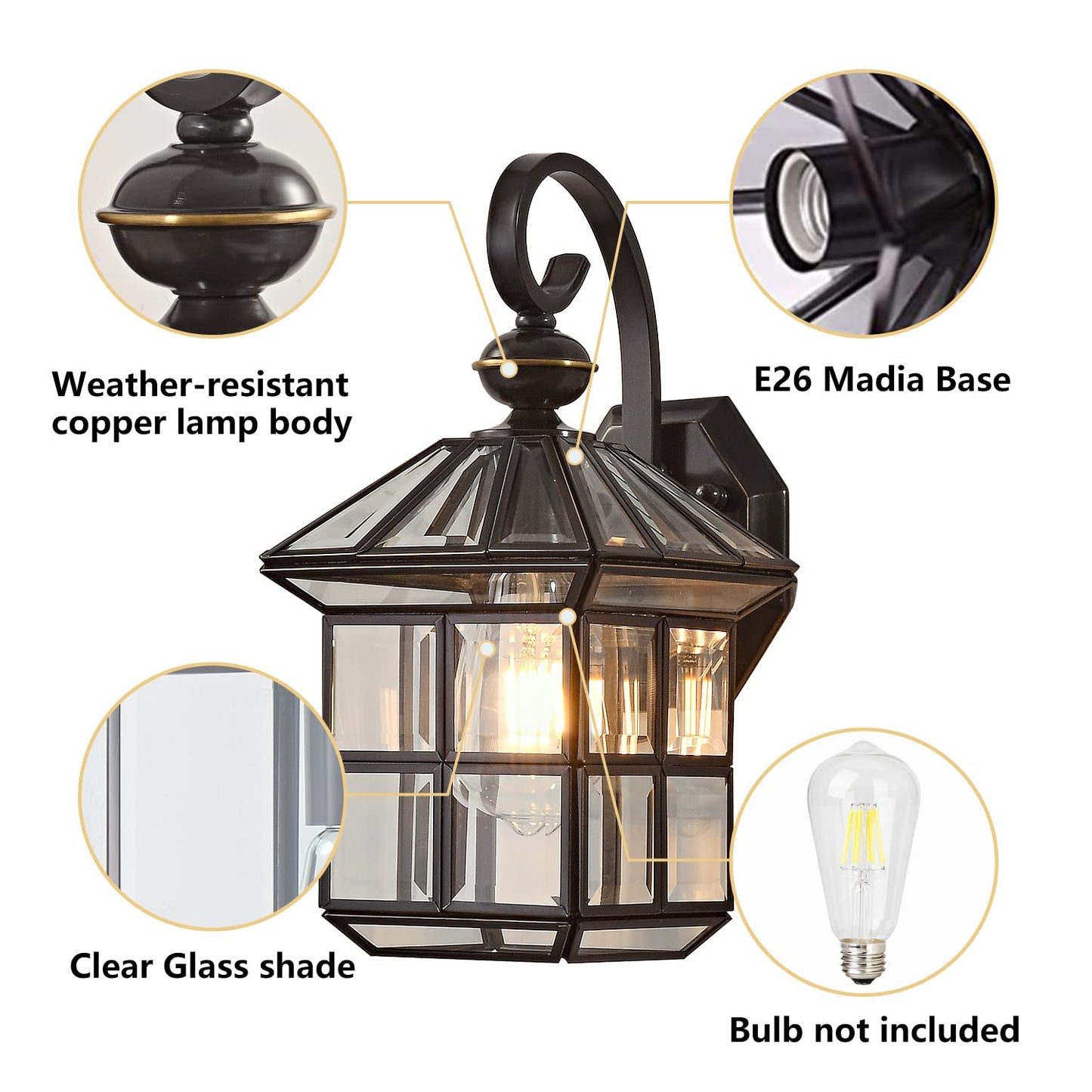 Milaii Copper Bronze Outdoor Wall Lights, 13.4" H Vintage Exterior Lantern Light Fixture Anti-Rust Waterproof Wall Mount Lamp with Clear Glass E26