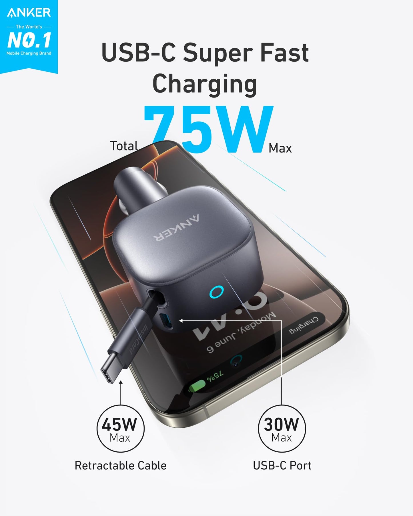 Anker Retractable USB-C Car Charger, 75W Max Fast Charging with Built-in Retractable Cable Car Adapter, Car Accessories for iPhone 17/16 Series