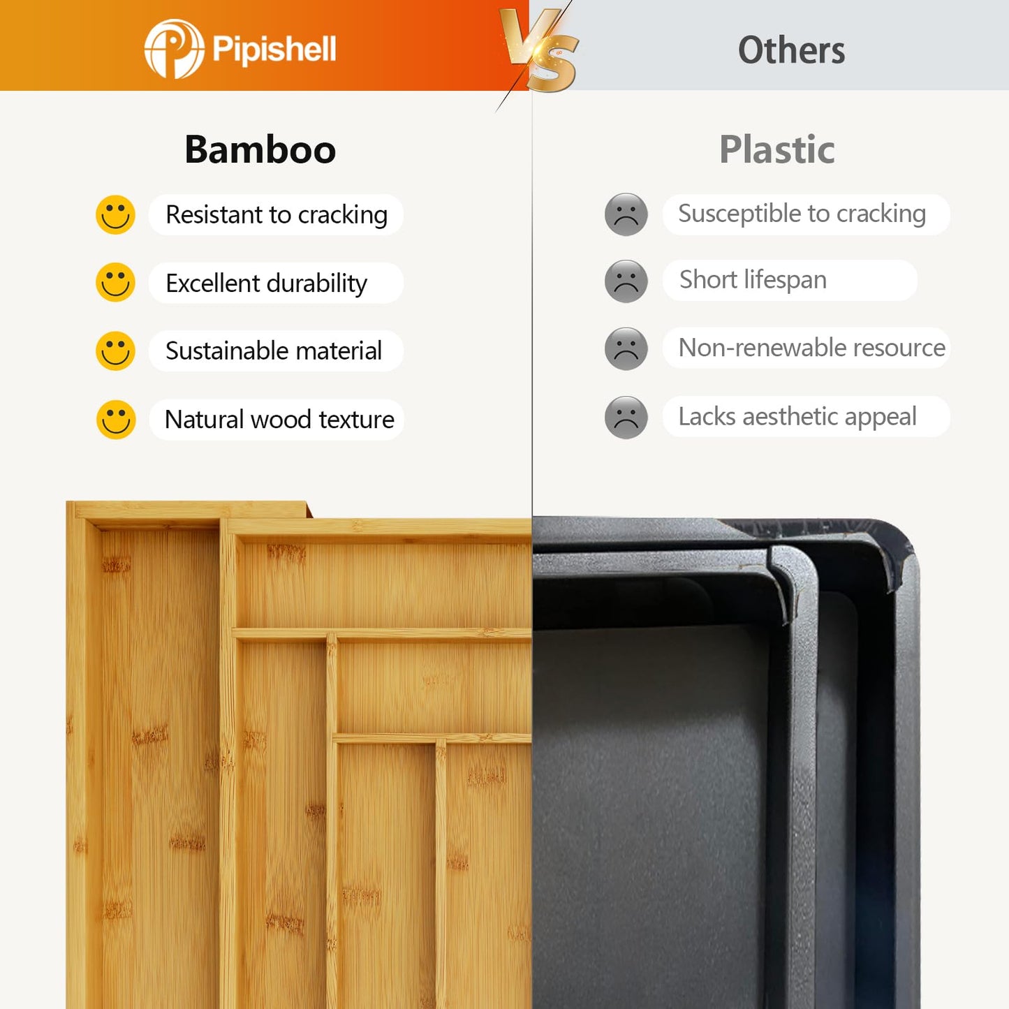 Pipishell Bamboo Expandable Silverware Organizer – Large Utensil Drawer Tray for Spoons, Forks, Knives & Multipurpose Kitchen Use, Natural