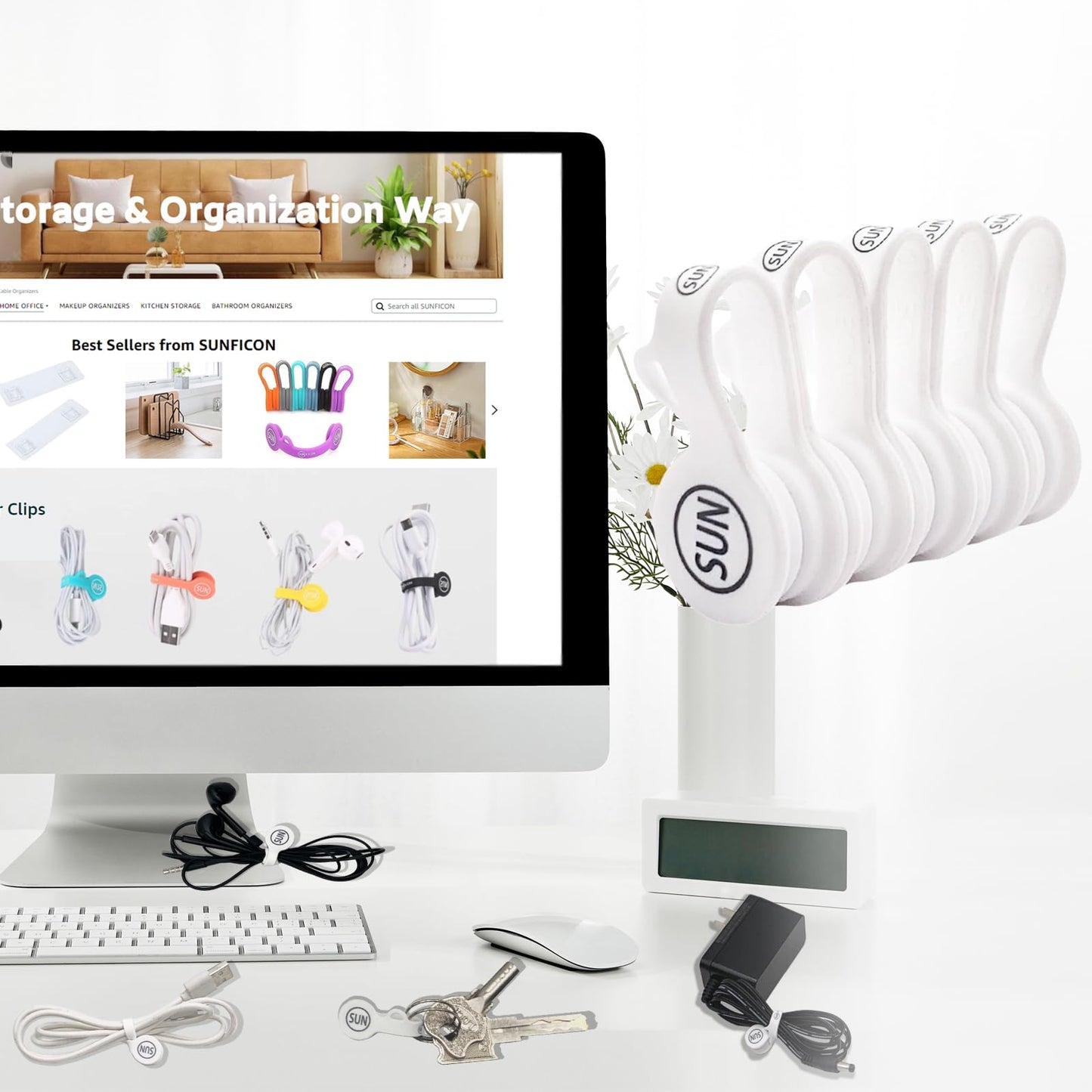 SUNFICON Magnetic Cable Clips Cable Organizers Earbuds Cords Clips Bookmark Whiteboard Noticeboard Fridge Magnets USB Cable Managers Keepers Ties