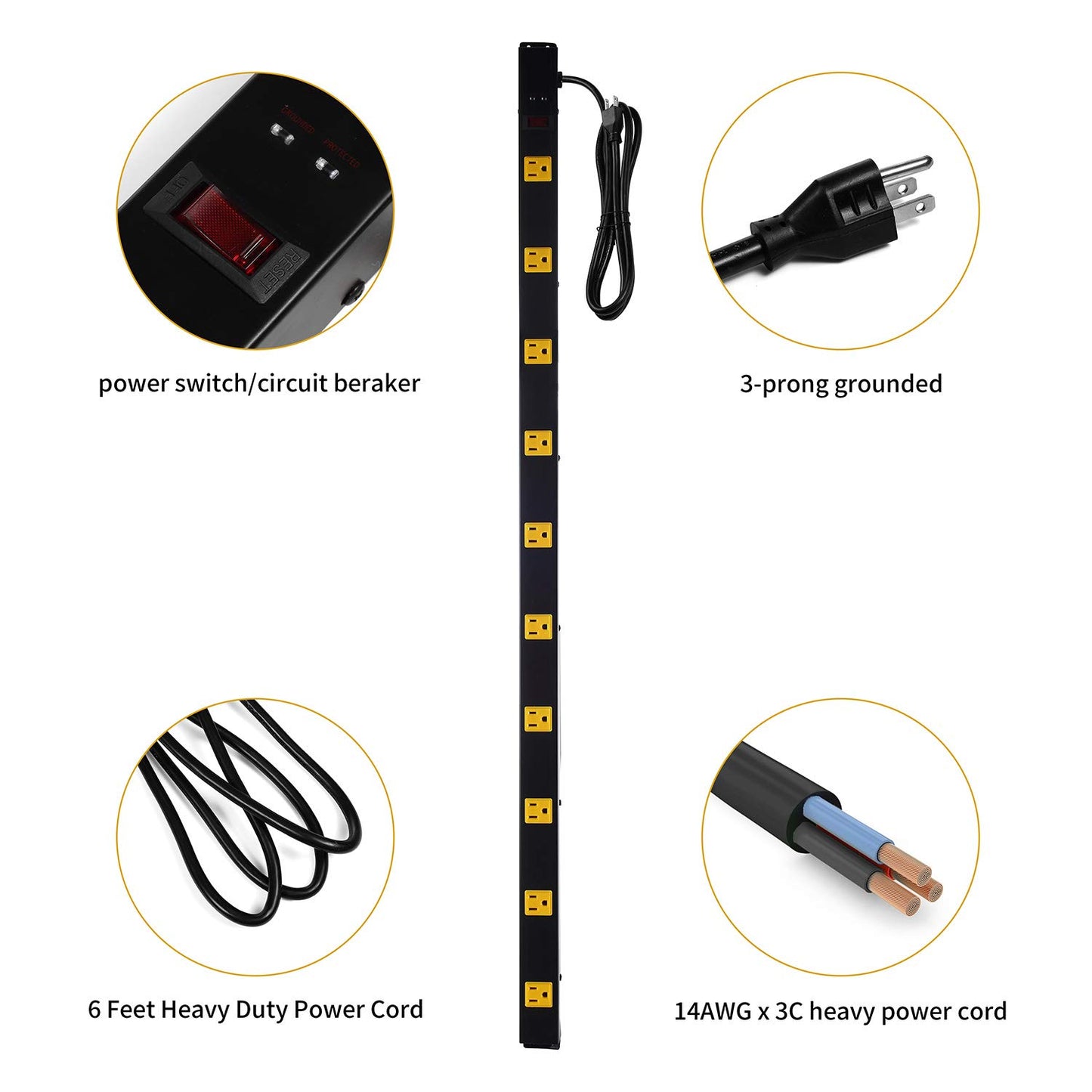 10-Outlet Heavy Duty Power Strip Surge Protector Metal Long Extension Cord 6-Foot, SGS Certified,Black(1000J)…