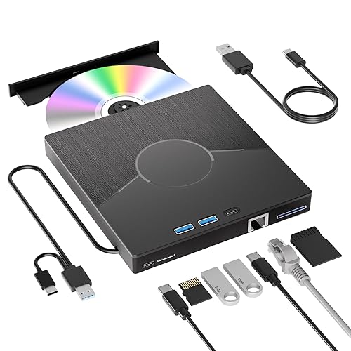 7 In 1 External CD Drive for Laptop, USB 3.0 & Type-C CD Rom External Drive for Laptop with Ethernet Interface, 3 USB and SD/TF Card, USB DVD Drive
