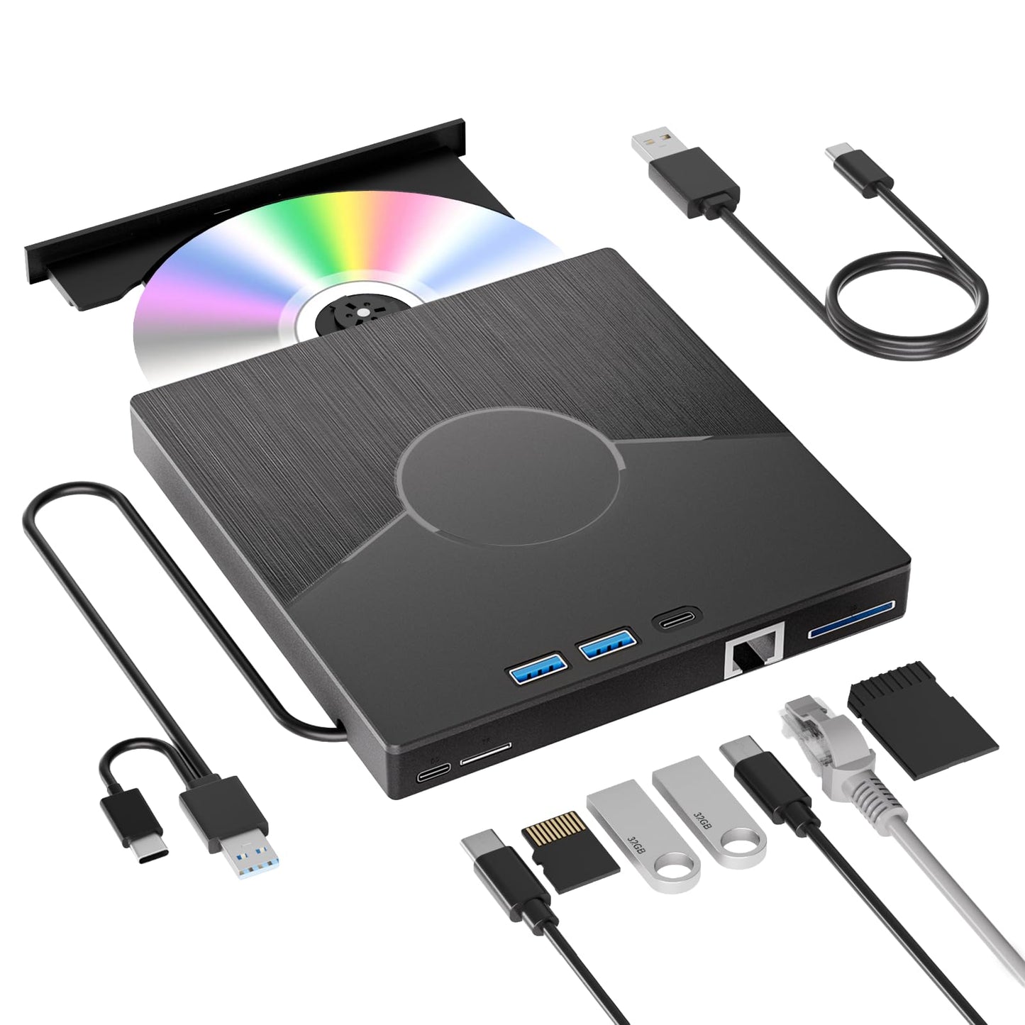 7 In 1 External CD Drive for Laptop, USB 3.0 & Type-C CD Rom External Drive for Laptop with Ethernet Interface, 3 USB and SD/TF Card, USB DVD Drive