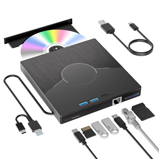 7 In 1 External CD Drive for Laptop, USB 3.0 & Type-C CD Rom External Drive for Laptop with Ethernet Interface, 3 USB and SD/TF Card, USB DVD Drive