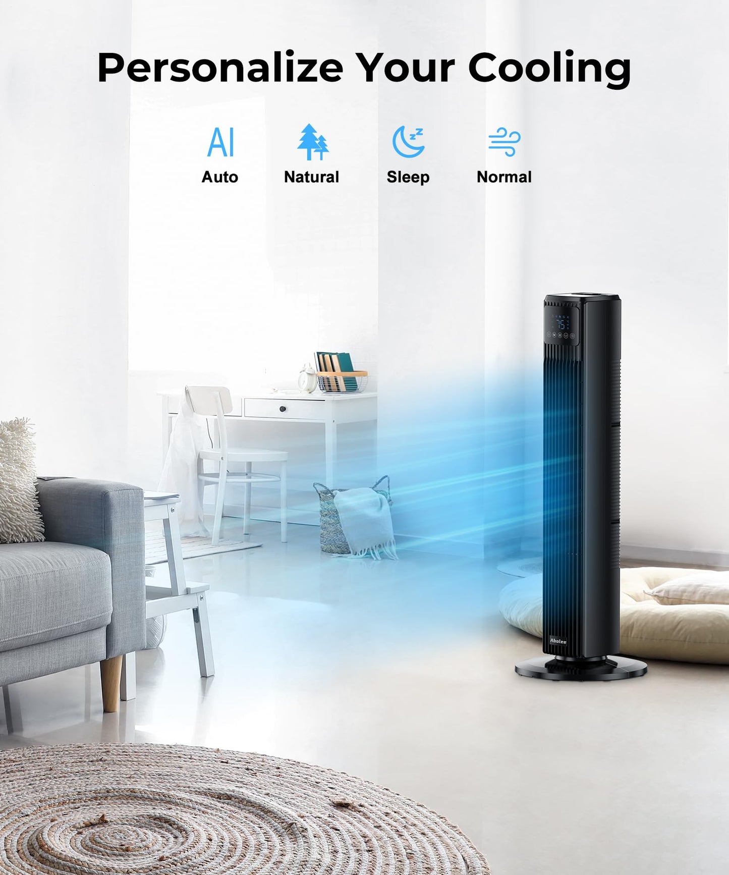 Abolee Tower Fan for Bedroom, Quiet Floor Fan, 90° Oscillating Fans for Indoors with 4 Speeds, 4 Modes, 24ft/s Velocity, FTS007R WHITE