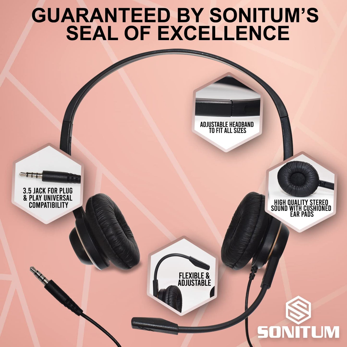 Sonitum Headset with Microphone - Noise Canceling Computer Headset for Office, Meetings, Chat- Comfortable Over-Ear PC Headphones with Rotating Mic…