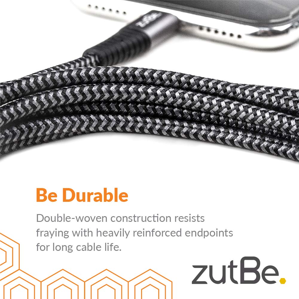 zutBe Shield Silver&Black MFi Certified Lightning Cable, Reinforced Braided Kevlar Charger Compatible with All iPhone 12, SE, 11, X, 8, 7, 6, iPad…
