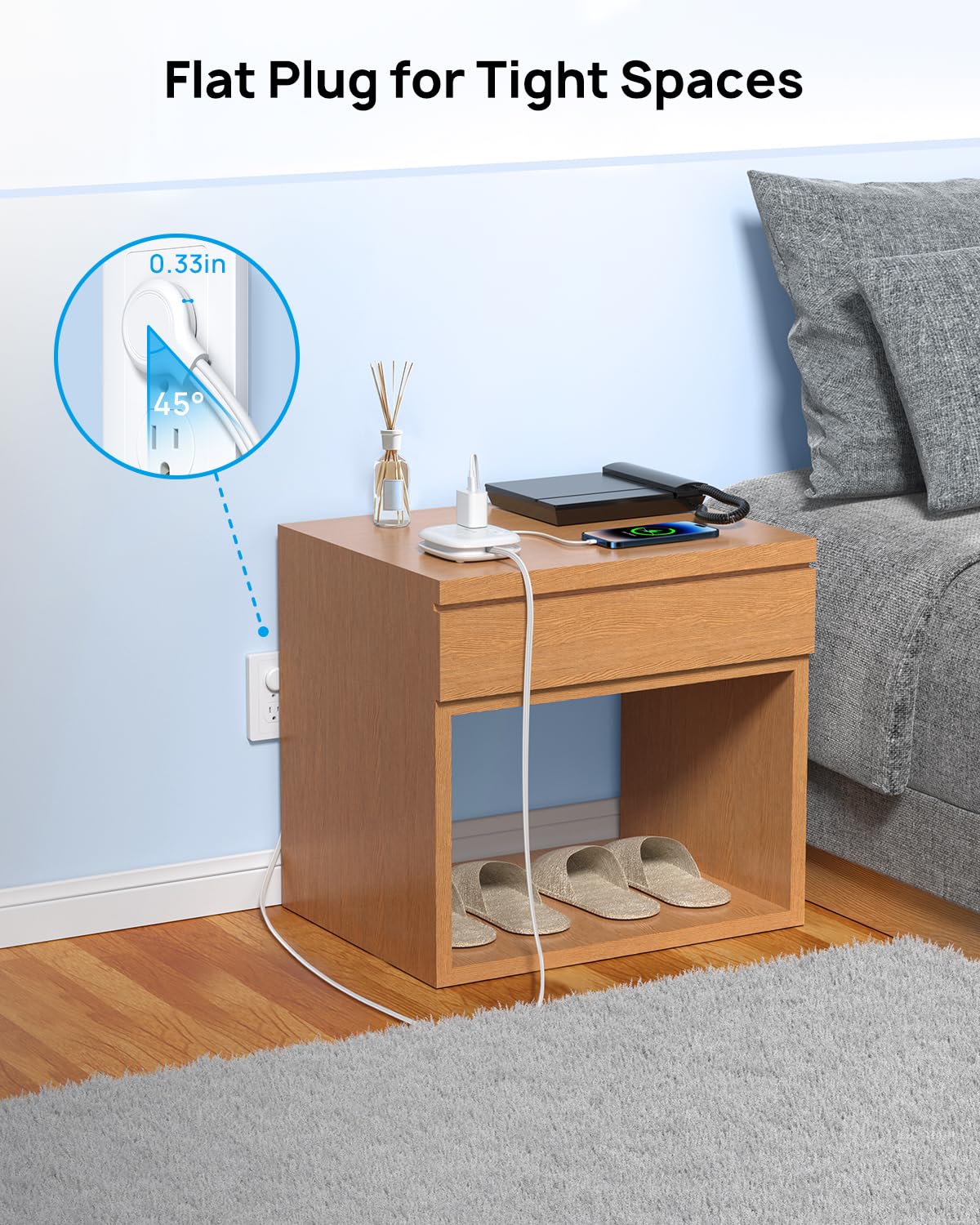 TROND Travel Power Strip with PD 20W USB C, Extension Cord with 3 Widely Spaced Outlets and Fast Charging USB, 2.6FT Wrapped Around Power Strip