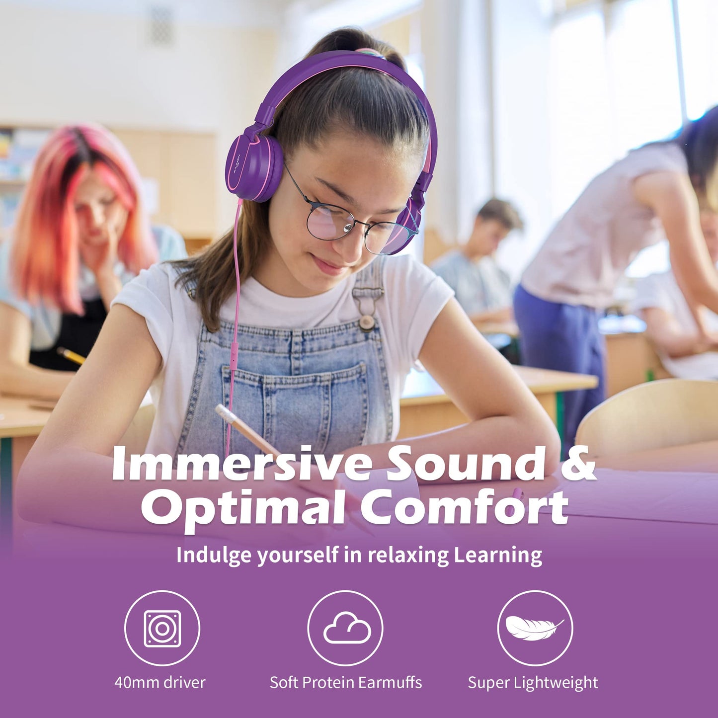 AILIHEN I35Bulk Classroom Kids Headphones (5 Pack) for K-12 School Class Sets Student Children 93dB Volume Limited Wired Foldable Headset for Study
